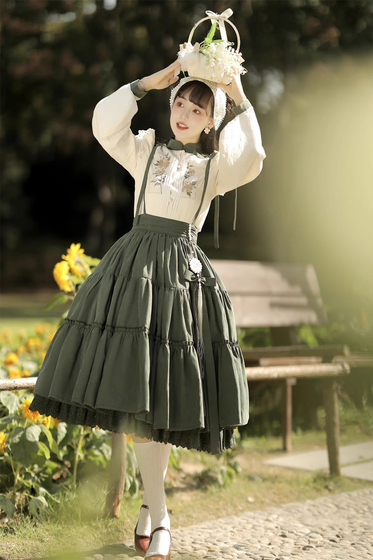 White/Green Country Style Midsummer Sunflower Sweet Lolita Skirt Two-Piece Set - Product - 6
