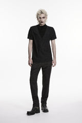 Black High Collar Short Sleeves Spliced Pleated Men's Gothic Shirt - Black - 1