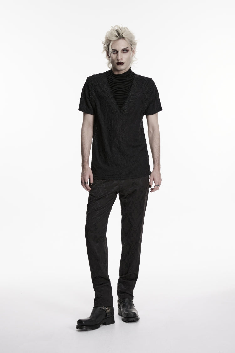 Black High Collar Short Sleeves Spliced Pleated Men's Gothic Shirt - Black - 1