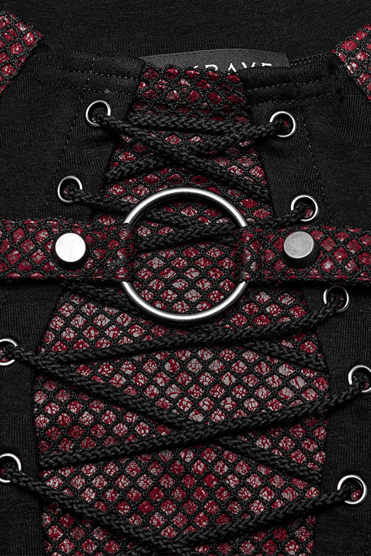 Black/Red Long Sleeves Stitching Lace-Up Ripped Men's Punk Blouse - Product - 6