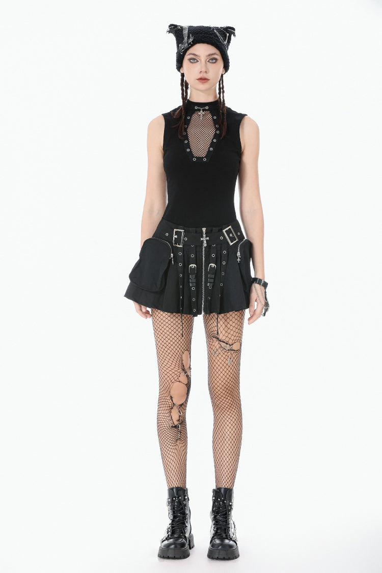 Black Women's Punk Cross Eyelet Cut-Out Coffin Mesh Splice Tank Top - Product - 7