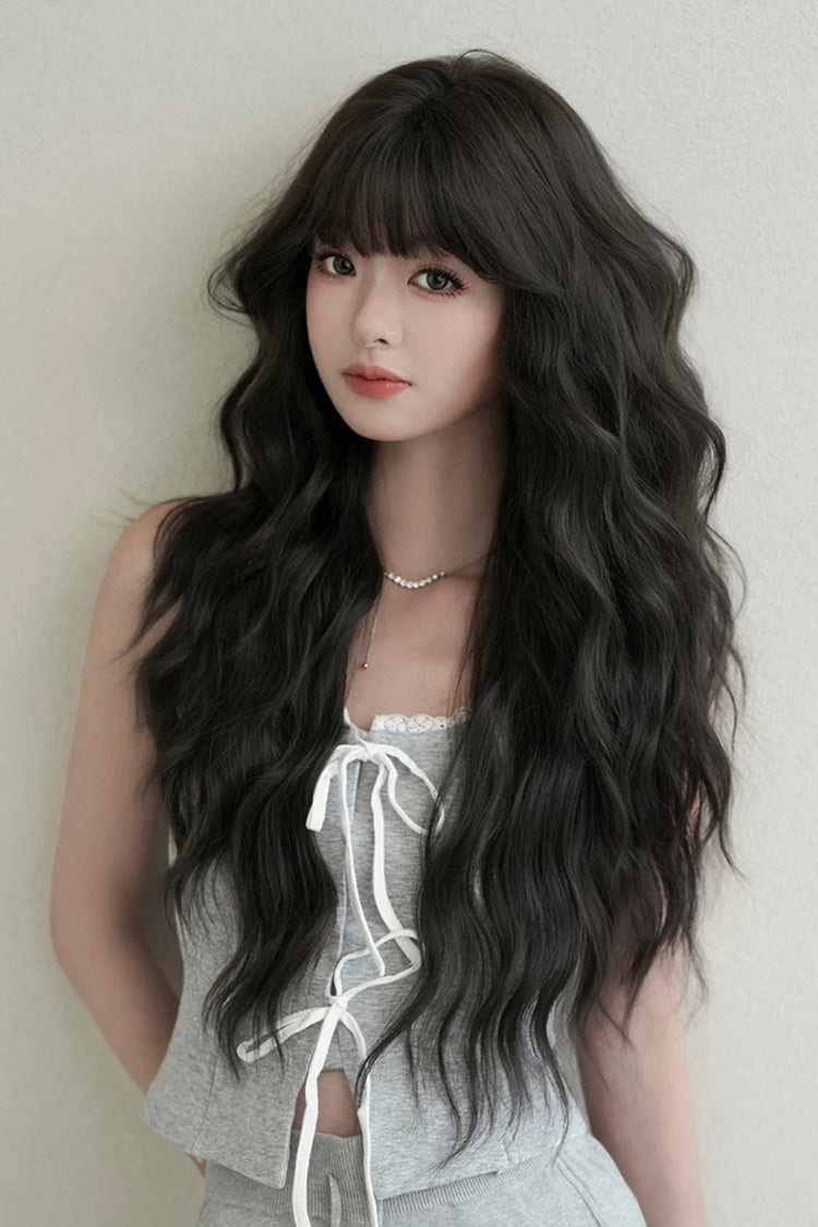 Korean Fluffy Long Water Wave Sweet Lolita Wig with Thin Air Bangs 3 Colors - Product - 7