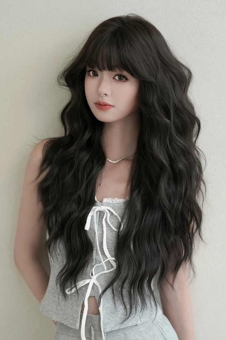 Korean Fluffy Long Water Wave Sweet Lolita Wig with Thin Air Bangs 3 Colors - Product - 7