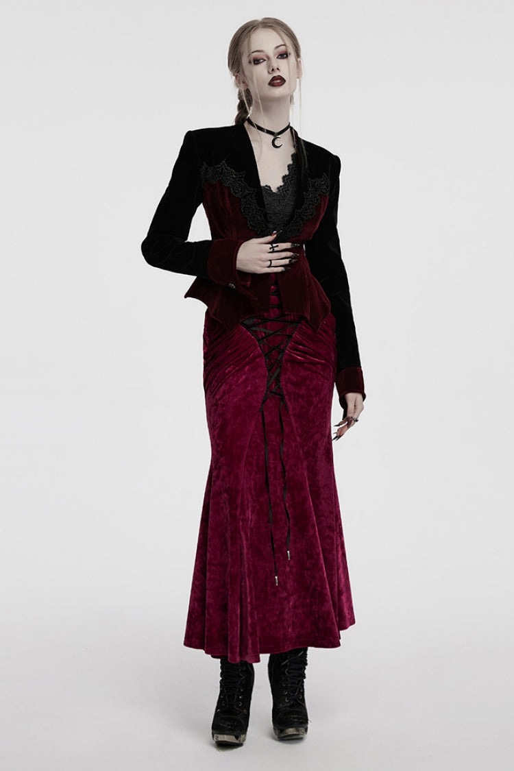 Black/Red V Collar Long Sleeves Floral Embroidery Lace-Up Women's Gothic Jacket - Product - 4