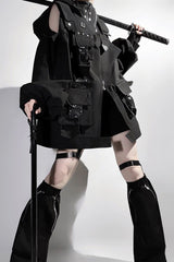 Black Techwear Long Sleeves Hooded Zippered Ouji Gothic Cool Lolita Set - Product - 3
