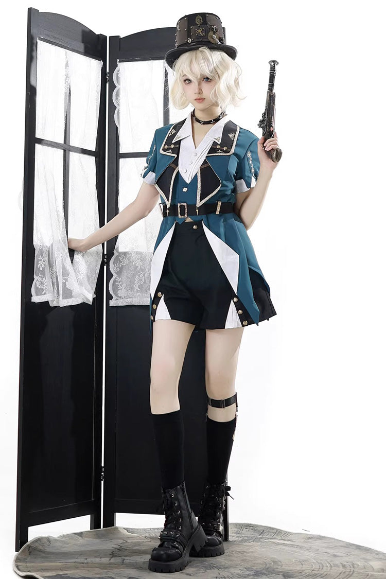 Black/Green [Anlexia Bookstore] Square Collar Short Sleeves Embroidered Studded Gothic College Style Prince Handsome Ouji Lolita Set - Product - 10