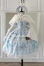 Showa Girl Sleeveless Triple-Layered Ruffle Bowknot Lace Pearl Sweet Japanese JSK Long Dress (Dress Only) front view
