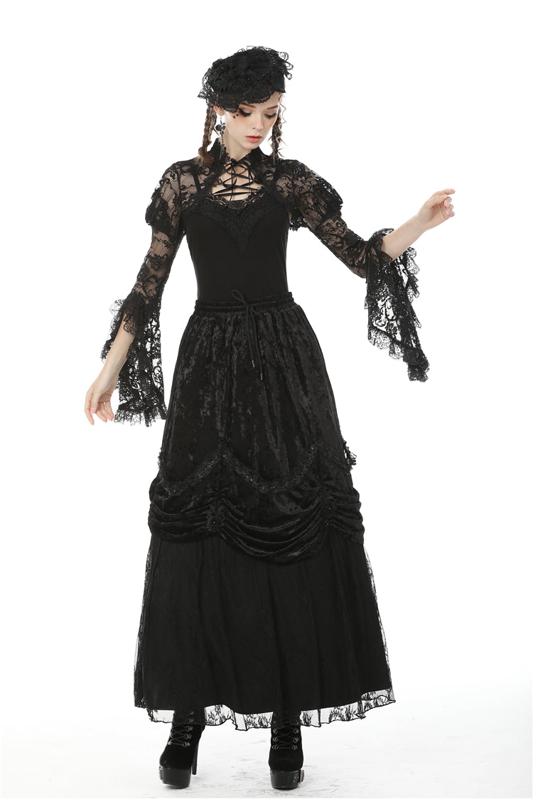 Black Long Puff Sleeves Sheer Floral Lace Lace-Up Women's Gothic Cape - Product - 11