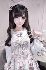 White/Pink [Strawberry Bunny] Navy Collar Long Sleeves Printed Ruffled Bow Lace Sweet Japanese Jirai Kei OP Dress - Product - 5