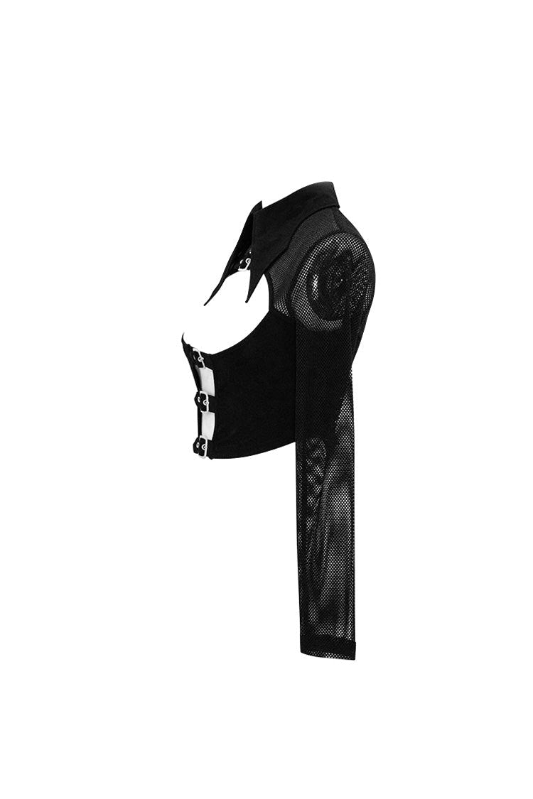 Black Bat Collar Splice Mesh Long Sleeve Chest Hasp Short Women's Punk T-Shirt - Product - 7