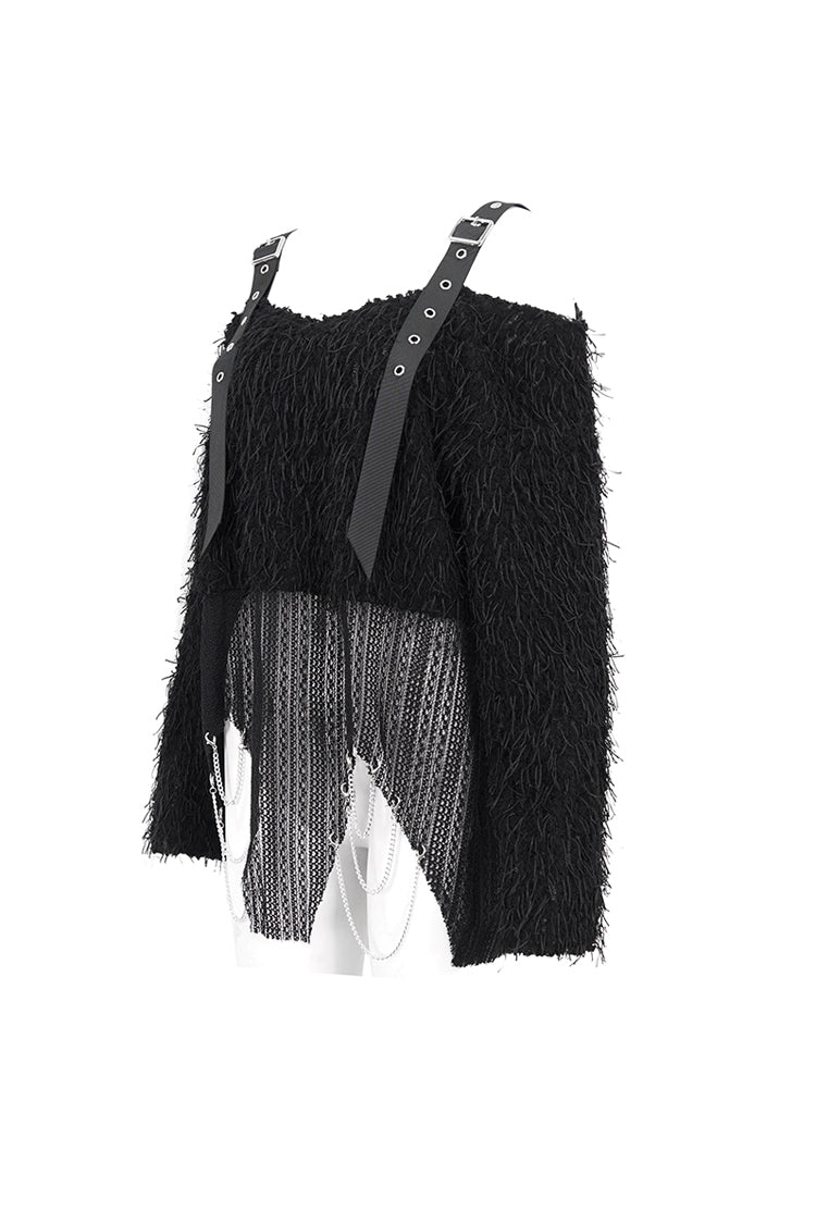 Black Irregular Off Shoulder Fluffy Women's Punk Sweater - Product - 8