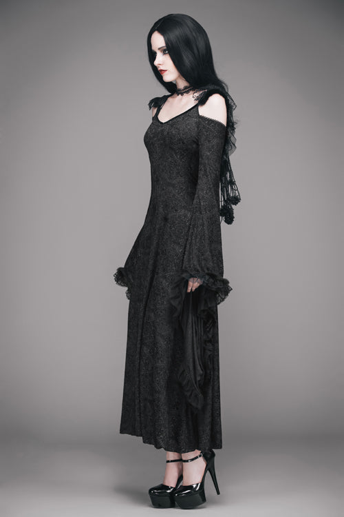 Black Gothic Big Cuffs Stretchy Floral Off The Shoulder Hooded Long Womens Dress - Product - 5