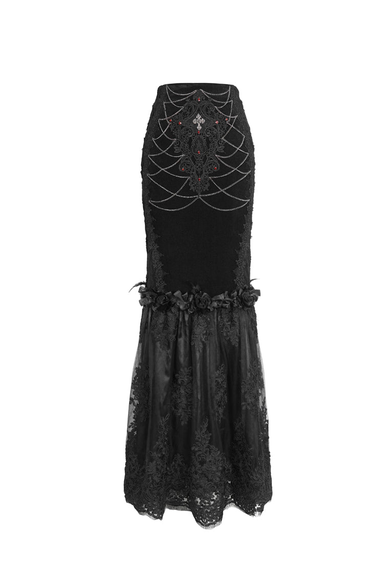 Black High Waisted Embroidery Stitching Lace Women's Gothic Skirt - Product - 7