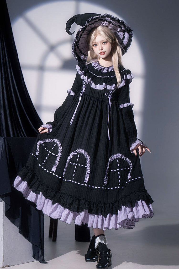 Black [Twin Lilian] Round Collar Long Sleeves Double-Layered Ruffled Bow Lace-Up Gothic Lolita Dress - Product - 3