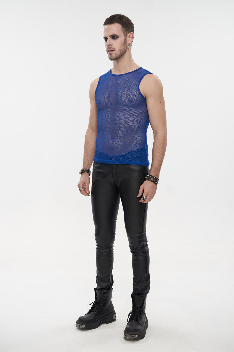 Blue Elasticity Perspective Rhombus Net Yarn Sleeveless Men's Gothic T-Shirt - Product - 4