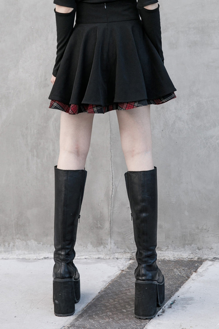 Black Stitching Red Plaid Women's Punk Pleated Skirt - Product - 2