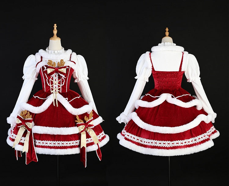 Red & White Christmas Lolita Full Set - JSK, Top & Cape detail view 4