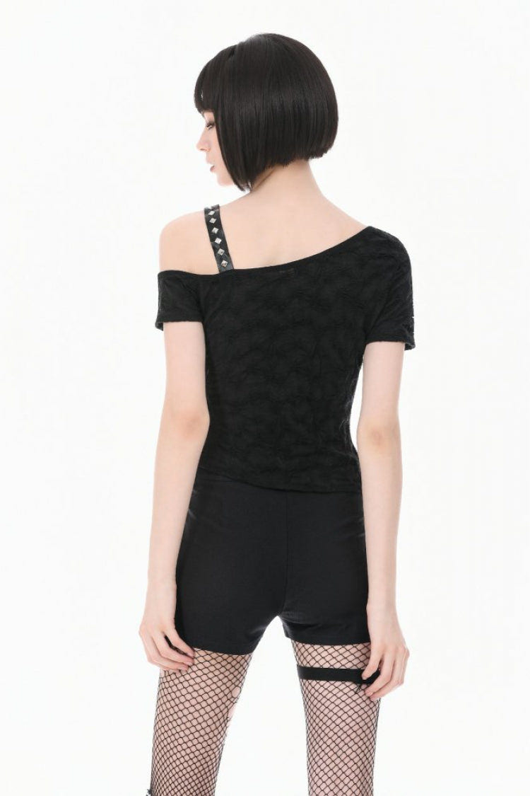 Black Off Shoulder Short Sleeves Studded Cross Straps Asymmetric Women's Punk Top - Product - 4
