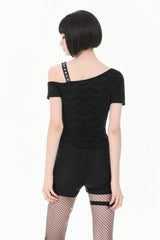 Black Off Shoulder Short Sleeves Studded Cross Straps Asymmetric Women's Punk Top - Product - 4