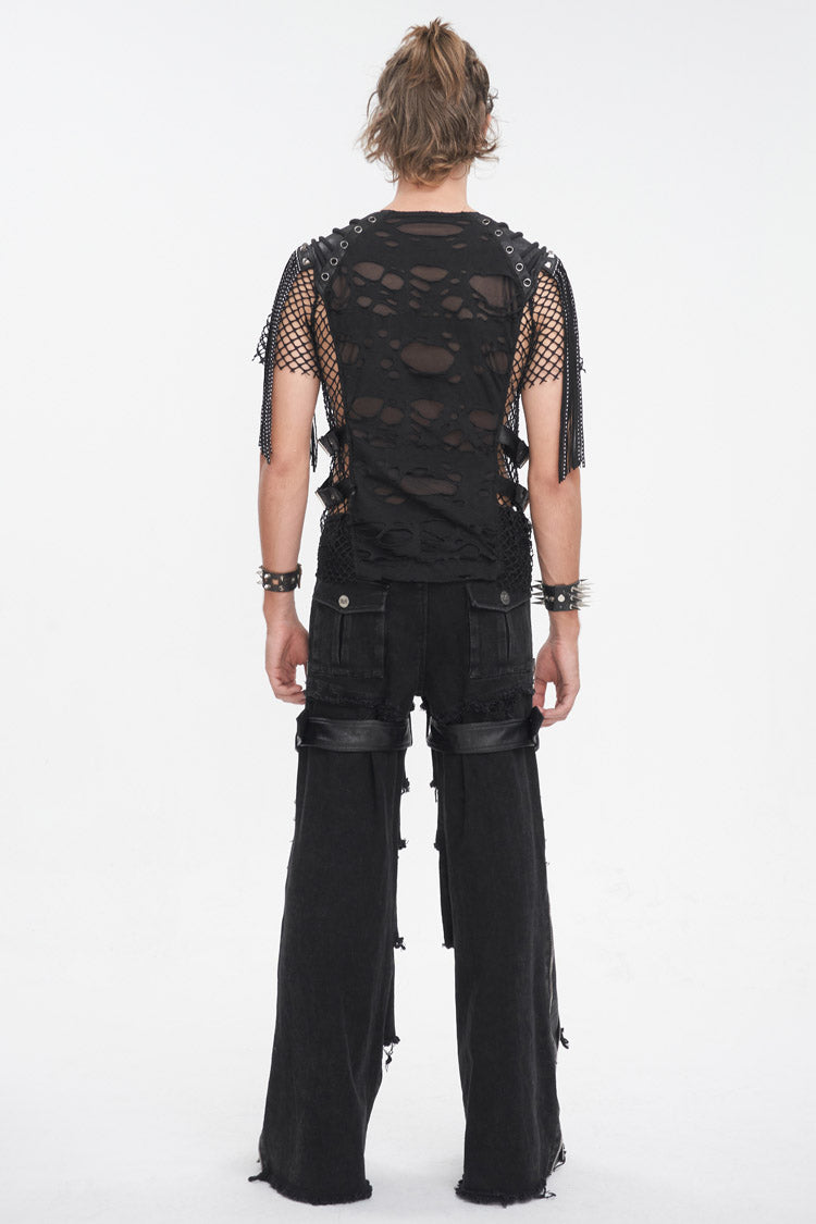 Black Round Collar Mesh Stitching Men's Punk T-Shirt - Product - 4