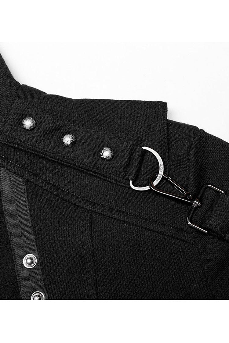 Black Punk Asymmetry High Collar Placket Metal Shoulder Detachable Webbing Men's Knitted Coat - Product - 6