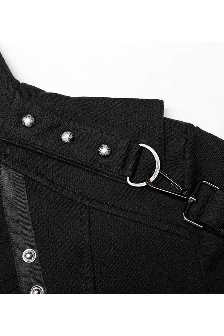 Black Punk Asymmetry High Collar Placket Metal Shoulder Detachable Webbing Men's Knitted Coat - Product - 6