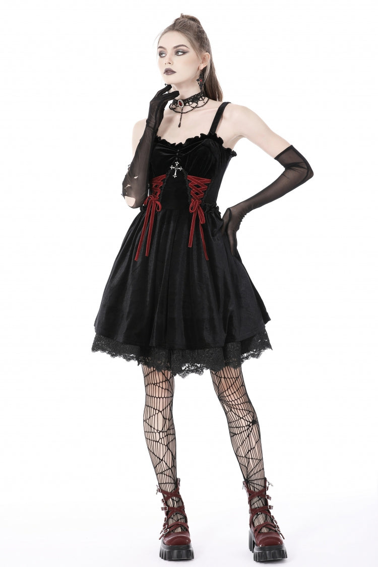 Black/Red Cross Lace-Up Strappy Women's Gothic Velvet Slip Dress - Product - 10