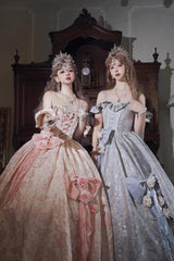 Off Shoulder Print Hanayome Embroidery Bowknot Sweet Princess Lolita Dress 2 Colors - Blue - 1