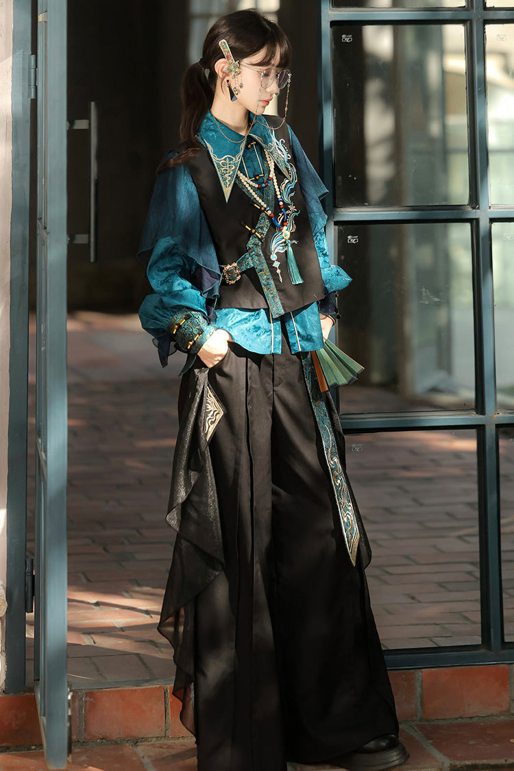 Black/Green Round Collar Long Sleeves Ruffle Embroidery Chinese Style Vintage Handsome Ouji Lolita Set - Product - 6