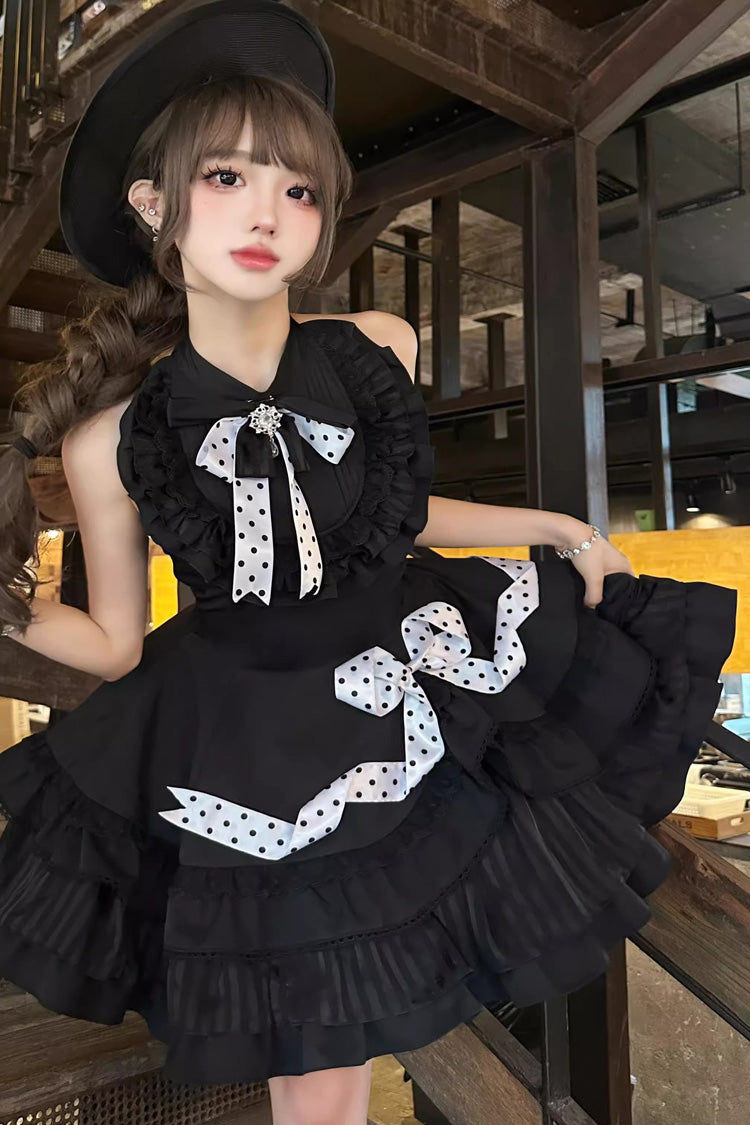 Black Multi-Layered Polka Dots Print Ruffle Bowknot Gothic Lolita Dress - Product - 4
