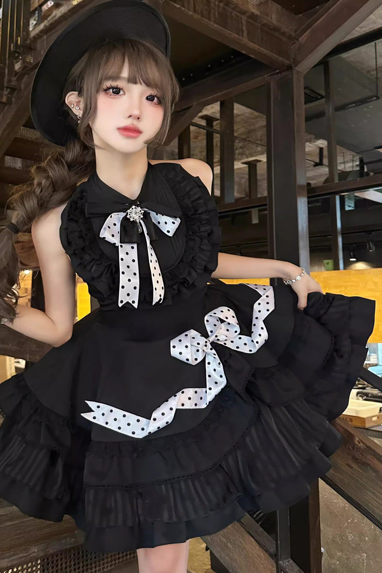Black Multi-Layered Polka Dots Print Ruffle Bowknot Gothic Lolita Dress - Product - 4