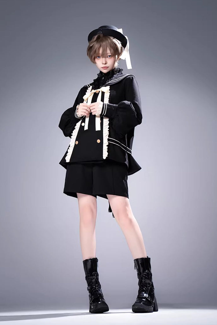 Black [City of Mist] Navy Collar Long Sleeves Gothic College Style Prince Ouji Lolita Shorts Coat Set - Product - 6