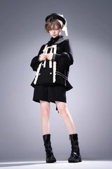 Black [City of Mist] Navy Collar Long Sleeves Gothic College Style Prince Ouji Lolita Shorts Coat Set - Product - 6
