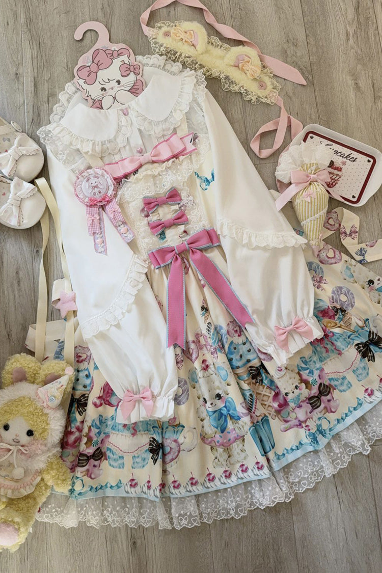 Yellow [Floral Whisper] Bear Print Ruffle Bowknot Lace Sweet Princess Lolita Jsk Dress - Product - 2