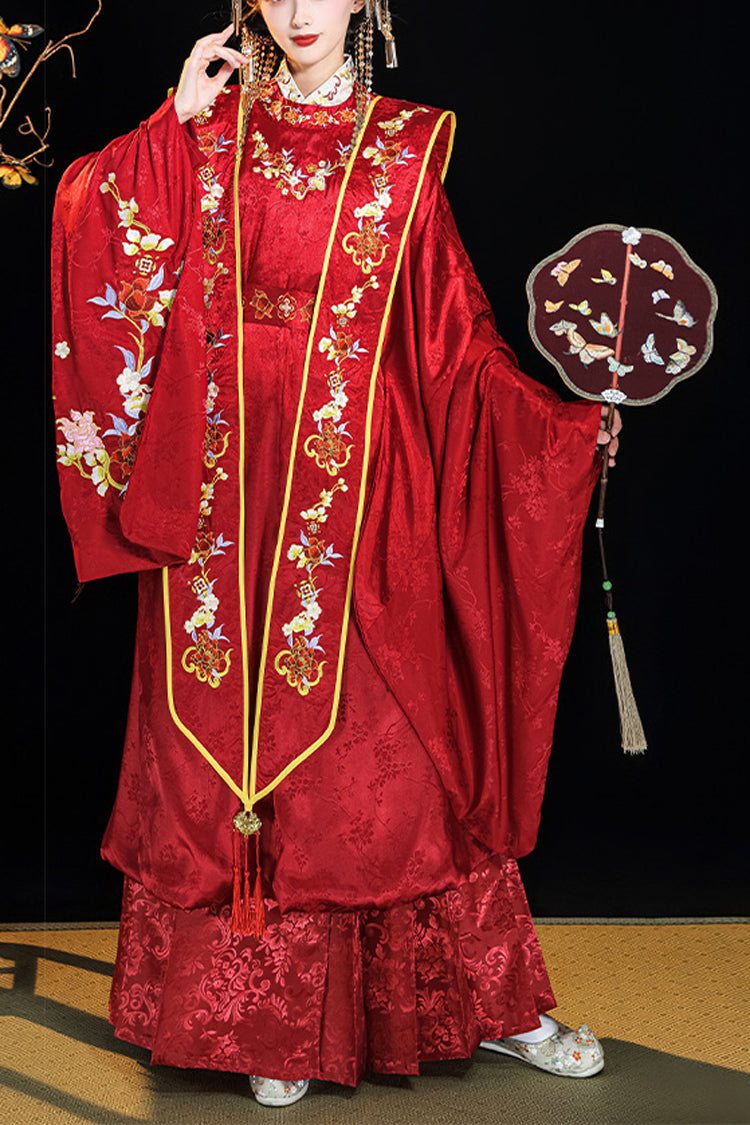 Red Chinese Style Hot Stamping Embroidery High Waisted Hanfu Dress Full Set - Red - 1