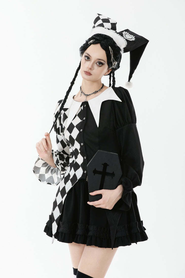 Black/White Harlequin Collar Diamond Pattern Color-Blocked Long Puff Flare Sleeves Women's Gothic Blouse - Product - 2