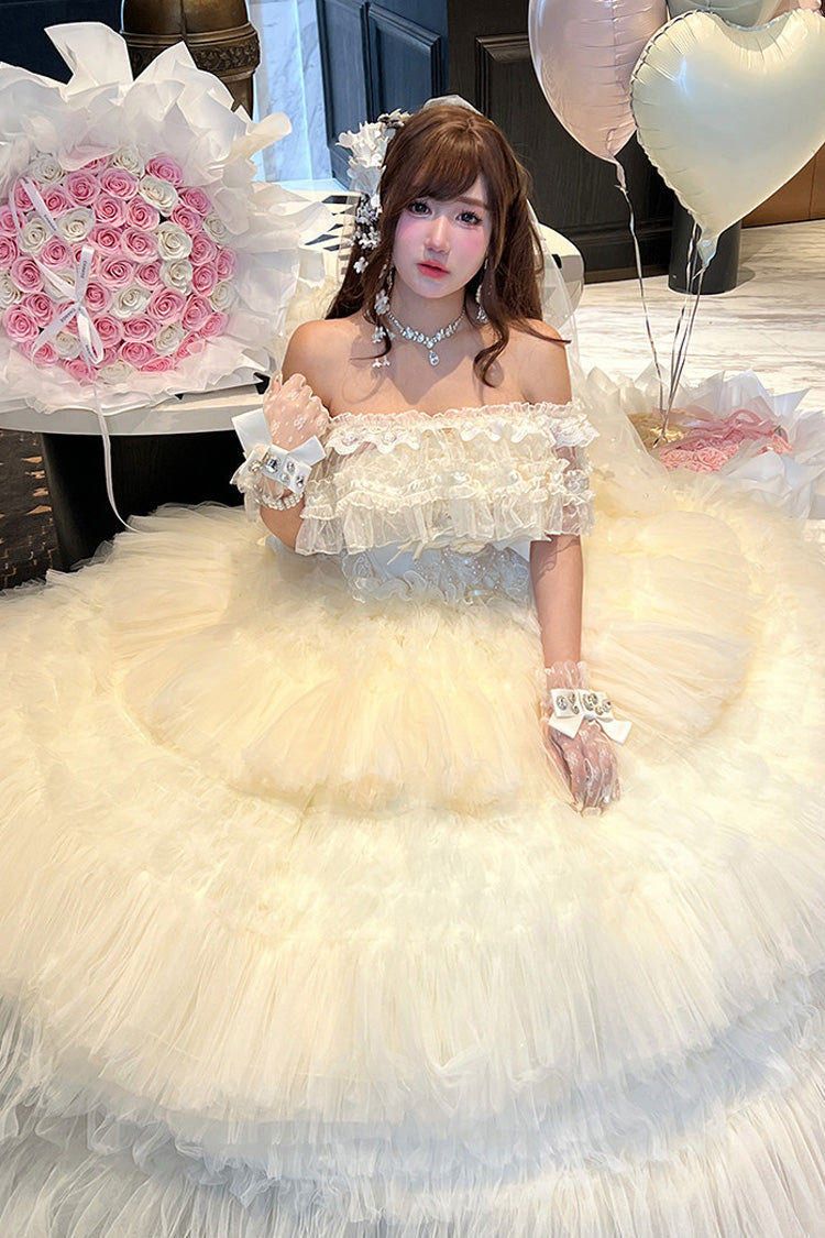 White [Maiden’s Love] Off Shoulder Triple-Layered Ruffled Hanayome Bow Lace Sweet Princess Lolita Dress - Product - 20