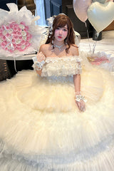 White [Maiden’s Love] Off Shoulder Triple-Layered Ruffled Hanayome Bow Lace Sweet Princess Lolita Dress - Product - 20