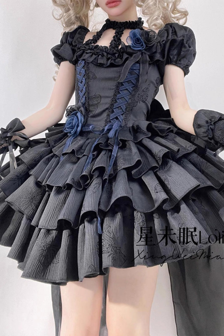 Black Halterneck Short Sleeves Multi-Layered Ruffle Bowknot Lace-Up Fishbone Gothic Lolita Dress - Black - 1