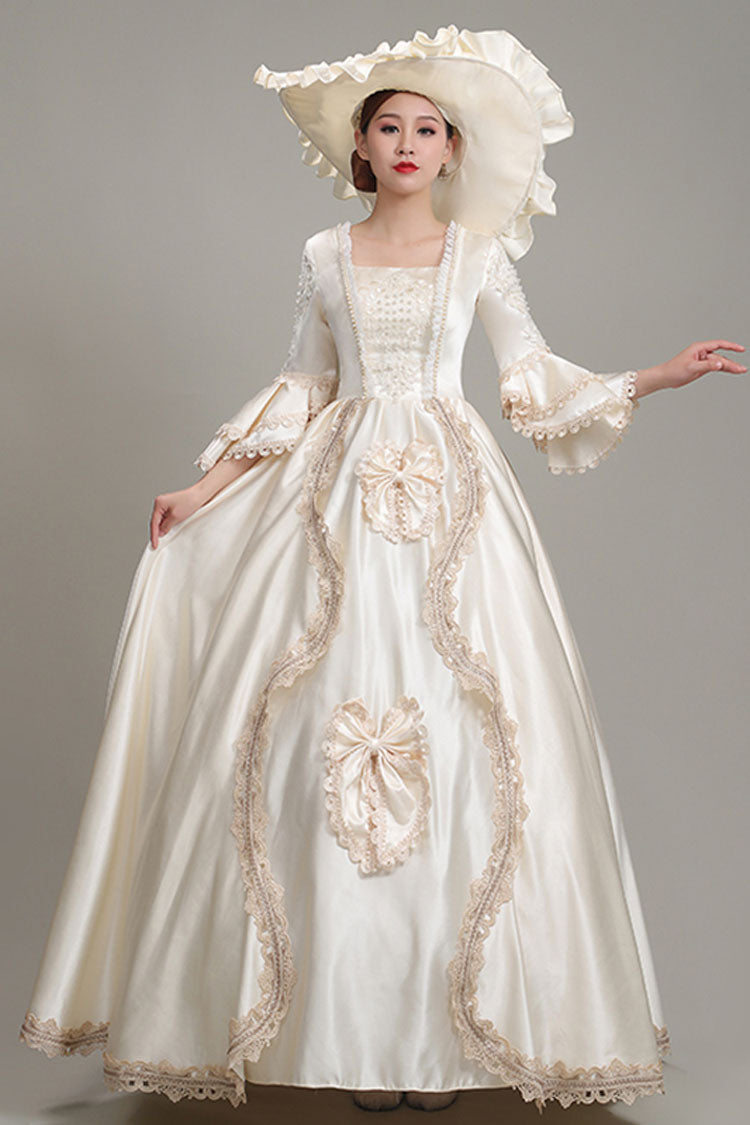 Champagne Multi-Layer Half Trumpet Sleeves High Waisted Bowknot Embroidery Floral Print Victorian Lolita Dress - Product - 3