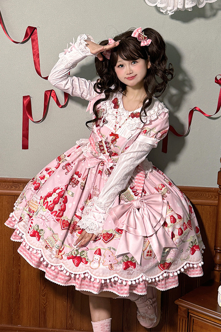 Mint Strawberry Dessert Doll Collar Short Sleeves Print Ruffle Bowknot Sweet Lolita Dress 4 Colors - Pink - 15