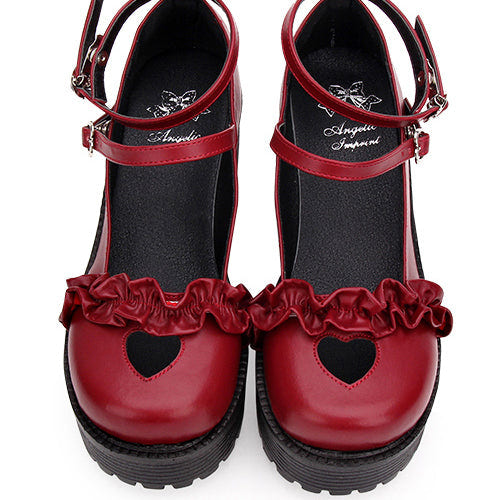 Round Toe Hollow Out Heart Shape Ruffle School Sweet Lolita Shoes - Product - 6