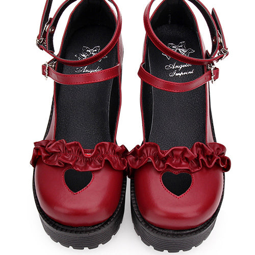Round Toe Hollow Out Heart Shape Ruffle School Sweet Lolita Shoes - Product - 6