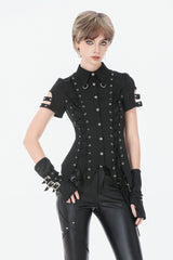 Black Turn-down Collar Short Sleeves Lace-Up Eyelets Women's Punk Blouse - Black - 1