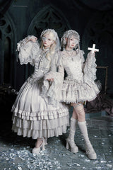 Solid Color [Bionic Doll] Square Collar Multi-Layered Ruffle Bowknot Lace-Up Gothic Lolita Long Skirt Corset Set - Product - 14