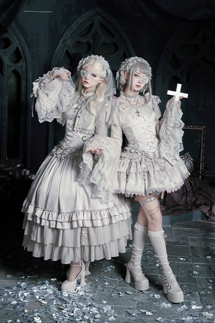 Solid Color [Bionic Doll] Square Collar Multi-Layered Ruffle Bowknot Lace-Up Gothic Lolita Long Skirt Corset Set - Product - 14