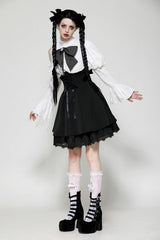 Black/White Lace High Collar Asymmetric Long Trumpet Puff Sleeves Bowknot Women's Lolita Gothic Short Dress - Product - 7