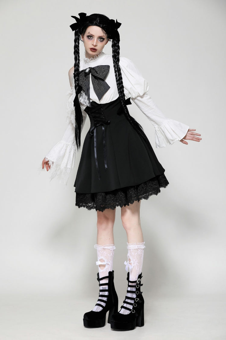 Black/White Lace High Collar Asymmetric Long Trumpet Puff Sleeves Bowknot Women's Lolita Gothic Short Dress - Product - 7