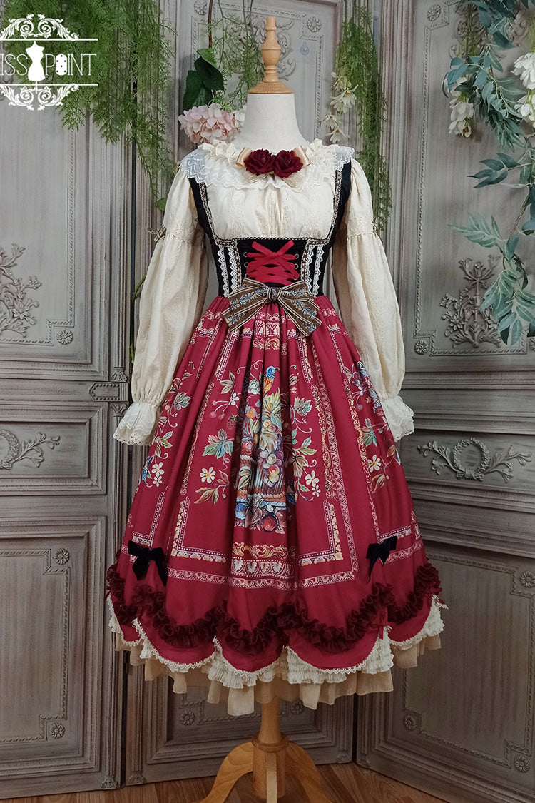 Wine Red [Ode to Plenty] Berries and Birds Print Ruffle Bowknot Velvet Classic Lolita Breast Support Jsk Dress - Product - 3