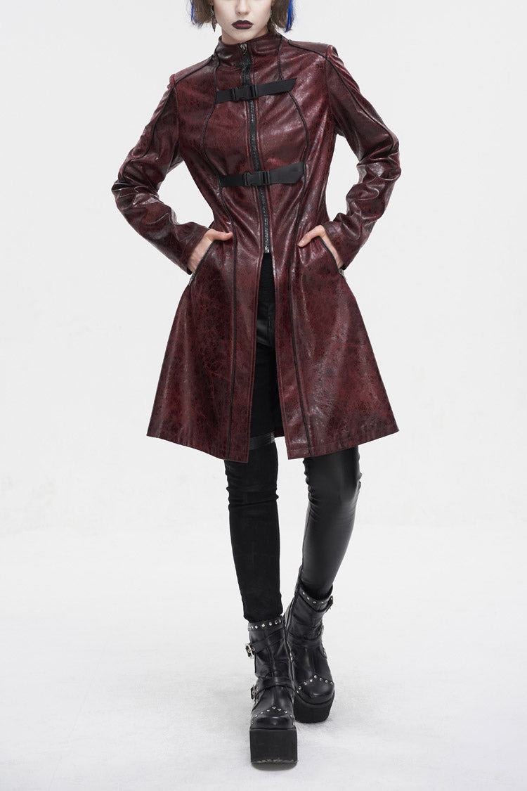 Red Double Buckle Faux Leather Long Women's Punk Coat - Red - 1